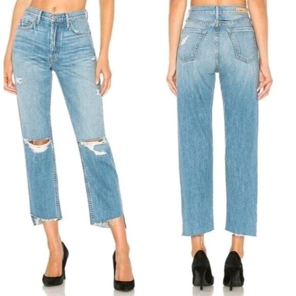 GRLFRND Helena Jeans Size 26" Waist Mid-Rise Distressed Ripped Straight Crop - Picture 4 of 5